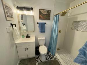 a bathroom with a toilet and a sink and a shower at 5 Star Stay Large Remodeled Modern 4BR Near UNT and TWU Sleeps 10 in Denton +28 photos