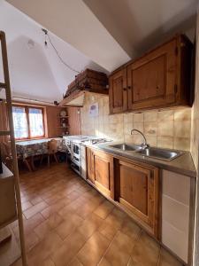 a kitchen with wooden cabinets and a sink at Vicinanza d'Andraz in Andraz
