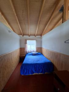 a bed in a small room with a window at Cabaña Hornohuinco in Llanquihue