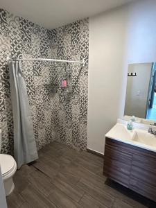 a bathroom with a shower and a toilet and a sink at LÁZARO D primer piso in Monterrey +22 photos