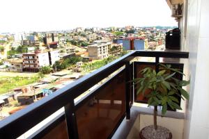 a plant on a balcony with a view of a city at AZURA Skyline in Abidjan