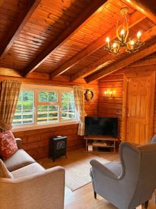 a living room with a flat screen tv in a cabin at Thistledonia in Trawsfynydd