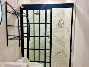 a bathroom with a shower with a toilet and a sink at 8 VENATOR House Boutique in León +9 photos