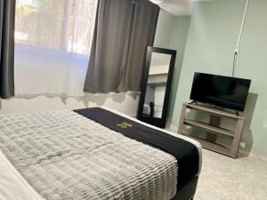 a bedroom with a bed and a flat screen tv at 8 VENATOR House Boutique in León