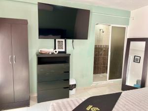 a bedroom with a bed and a dresser with a mirror at 11 VENATOR House Boutique in León