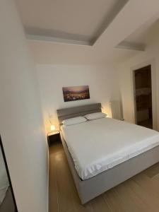 a bedroom with a white bed with a painting on the wall at Elegante suite con box privato e vista in Aprica