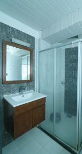 a bathroom with a sink and a shower with a mirror at Pepa's villa and homestay in Khadkagaon