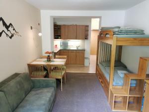 a living room with a couch and a bunk bed at Rodinný Špic in Špičák