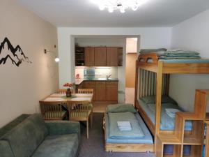 a living room with bunk beds and a kitchen at Rodinný Špic in Špičák