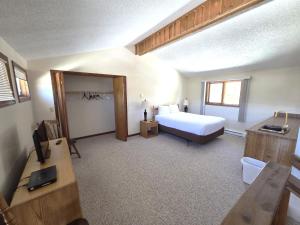 a bedroom with a bed and a desk with a television at Timber Run in Winter Park