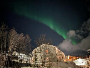 an aurora shines in the sky over a building at Leilighet in Bjørkheim