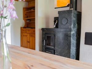 a fireplace in a living room with a wood stove at Apartment Haggen by Interhome in Oberegg