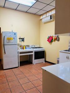 a kitchen with a white refrigerator and a counter at Yellow Belly Backpackers in San Ignacio