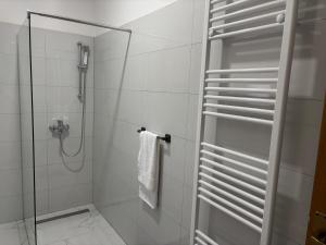 a bathroom with a shower with a glass door at Apartman Rose in Čapljina +8 photos