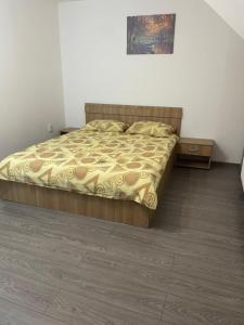 a bedroom with a bed and a night stand at Apartament ALEX in Sibiu