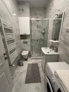 a bathroom with a shower and a toilet and a sink at Panonski Mornar in Palić +30 photos