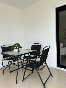 a black table and chairs with a potted plant on it at Luxury loft with pool and beautiful view in Tampico