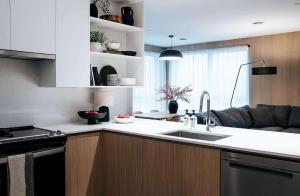 a kitchen with a sink and a couch at Luna Ridge - Thoughtfully Designed 3-Bedroom Condo in Revelstoke +15 photos