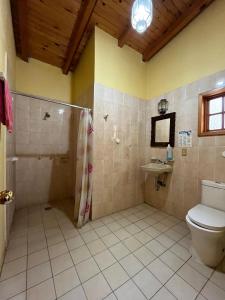 a bathroom with a shower and a toilet and a sink at Casa del Bosque in Mazamitla