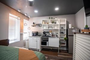 a kitchen with white cabinets and a black refrigerator at BOHO-MOD STUDIO APARTMENTs in Ferris