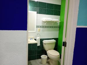 a bathroom with a toilet and a green wall at Hotel Los Cedros in Martínez de La Torre