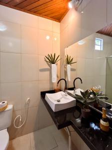 a bathroom with a sink and a toilet and a mirror at Villa Sairé in Alter do Chao +67 photos