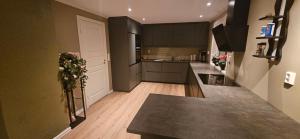 a kitchen with gray cabinets and a counter top at Hardanger Fjordblikk in Syreflot