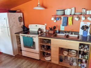 a kitchen with a stove and a sink and a refrigerator at MobyDick Hostel in Seward