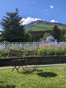 a picnic table and chair in the grass with a mountain at MobyDick Hostel in Seward