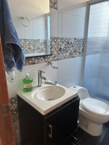 a bathroom with a sink and a toilet at Siga Sumercé Apartamento completo centro de Duitama in Duitama