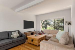 a living room with a couch and a tv at An Unforgettable View in Dixons Creek