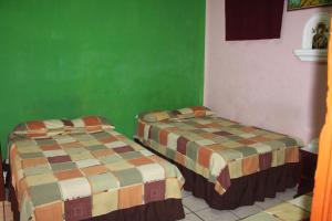2 łóżka w pokoju z zieloną ścianą w obiekcie Hotel Pasadena II w mieście San Salvador