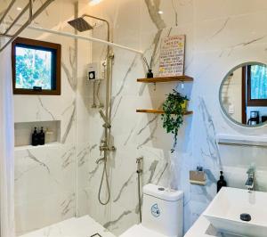 a bathroom with a shower and a toilet and a sink at Casa Yvanna in Alfonso +7 photos