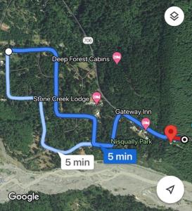 a map of the deer forest calazes and some creek lodges at New Tiny Home Steps Away From Mt. Rainier in Ashford