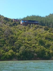 a train on top of a hill next to the water at Bayheights in Picton