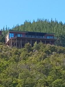 a house on top of a hill with trees at Bayheights in Picton