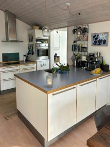a kitchen with white cabinets and a black counter top at Forest Cabin Overlooking Bryrup Langsø in Silkeborg