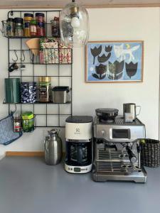 a kitchen counter with a coffee maker and a toaster at Forest Cabin Overlooking Bryrup Langsø in Silkeborg