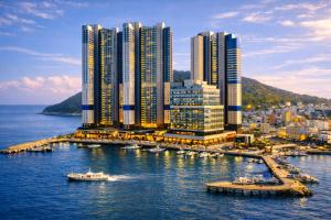 a city with tall buildings and boats in the water at 부산 엘스테이 호텔 레지던스 EL STAY Busan Long Stay Hotel Residence l 아르떼20 OFF짚라인30 OFF스릴10 OFF 할인 in Busan