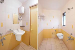 two pictures of a bathroom with a sink and a toilet at Townhouse Amrapali Resort in Kolhapur