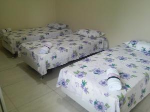 Pousada Canoa de Tolda في ببرانا: ثلاثة أسرة في غرفة بها زهور أرجوانية