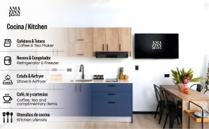 a kitchen with wooden cabinets and a table at Altavida Lodge Brand New Studio with Pool in El Valle in Valle de Anton