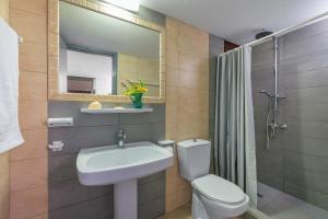 a bathroom with a sink and a toilet and a mirror at Erato Apartments in Líndos