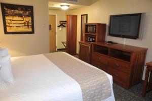 um quarto de hotel com uma cama e uma televisão de ecrã plano em C'mon INN Missoula em Missoula