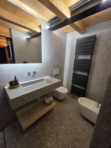 a bathroom with a sink and a toilet and a mirror at Muranche Lofts N1 in Valtournenche