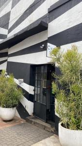 a black and white building with two potted plants at 201 On Main in Johannesburg