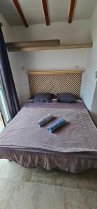 a bed with two pillows and two bottles on it at Casa Nostra à Aléria in Aléria