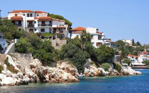 un groupe de maisons sur une colline à côté de l'eau dans l'établissement ClubOrsa Chrysoula's Guest House, à Skiathos Chora