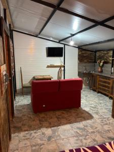 a living room with a red couch and a tv at Cabaña rural con piscina privada in Orihuela