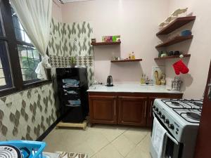 a small kitchen with a stove and a sink at Serene homes in Mwanza